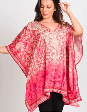 Sevya Handmade silk blend tunic top Indian boho embroidery salmon pink OS 4092